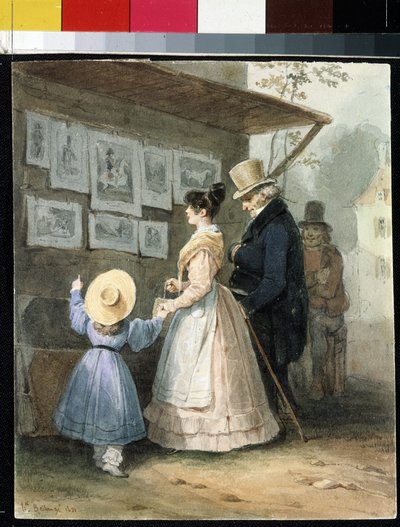 "Kaiverrusten myyjällä" (Kaiverrusten myyjällä) Hippolyte Bellangen akvarelli (1800-1866) 1831 Eremitaaši, Pietari (Pietari) tekijältä Joseph Louis Hippolyte Bellange