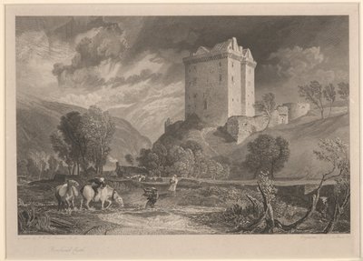 Borthwickin linna (Skotlannin maakunnan antiikki ja maalaukselliset maisemat), kaiverrus Henry Le Keux (1775-1851) tekijältä Joseph Mallord William (after) Turner