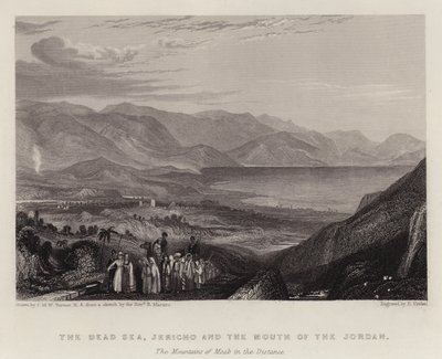 Kuollutmeri, Jeriko ja Jordanin suu, Mooabin vuoret kaukana (väri litho) tekijältä Joseph Mallord William (after) Turner