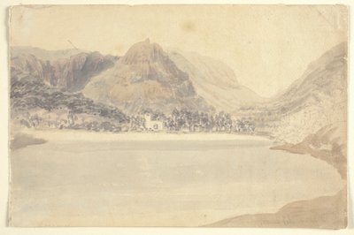 Grassmere-järvi ja kirkko (akvarelli kynällä paperille) tekijältä Joseph Mallord William (attr.to) Turner