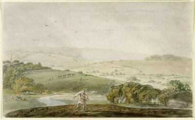 Maanviljelijä kylvö, jokilaakso ja kumpuilevat kukkulat takana, n. 1795 tekijältä Joseph Mallord William Turner