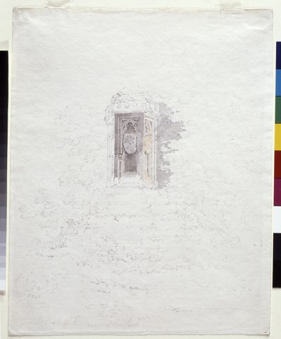 Cross At The Entrance to Hereford (kynä keltaisella ja harmaalla pesulla valkoisella paperilla) tekijältä Joseph Mallord William Turner