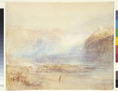 Reinin putoukset Schaffhausenissa - Kaukainen näkymä (akvarelli, kynä ja punainen muste harmaalla pesulla valkoisella paperilla) tekijältä Joseph Mallord William Turner