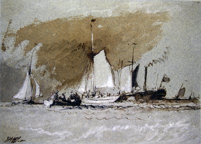 Kalastusveneet merellä, höyrylaivaan nousu Cowesin edustalla, Isle of Wight (tussi- ja tussipesu ja vartaloväri siniselle paperille). tekijältä Joseph Mallord William Turner