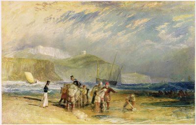 Folkestonen satama ja rannikko Devoniin, n. 1830 (wc ja guassi paperilla) tekijältä Joseph Mallord William Turner