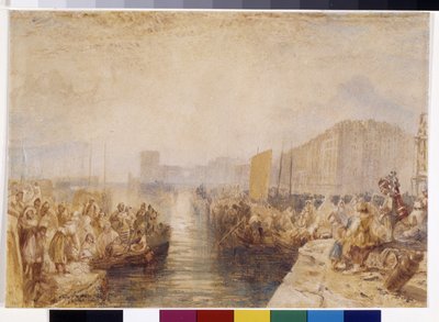 Le Havre: Auringonlasku (akvarelli vahvistettu kynällä ja punaisella musteella valkoiselle paperille) tekijältä Joseph Mallord William Turner