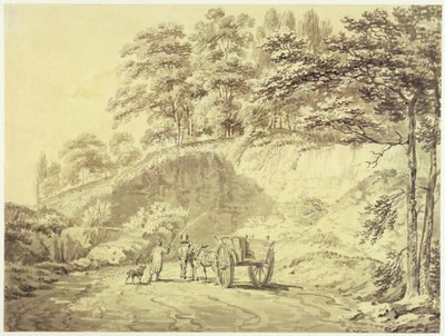 Mies hevosen ja kärryjen kanssa astumassa louhokselle, n. 1797 (grafiitti ja harmaa pesu paperilla) tekijältä Joseph Mallord William Turner