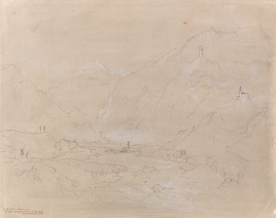 Vuoristoinen maisema ja kaupunki laaksossa, n. 1840 (grafiitti ja harmaa pesu paperilla) tekijältä Joseph Mallord William Turner
