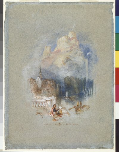 Nicholas Poussinin syntymäkoti (akvarelli ja guassi vahvistettu punaisella musteella sinisellä paperilla) tekijältä Joseph Mallord William Turner