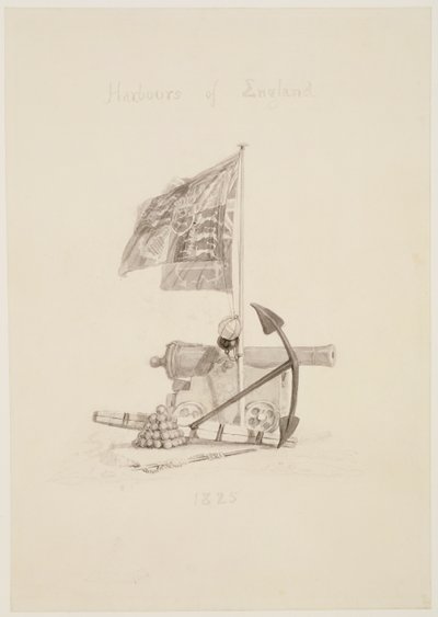 No.0567 Englannin satamat, suunnittelu kirjan nimisivulle, 1825 (muste ja pesu) tekijältä Joseph Mallord William Turner