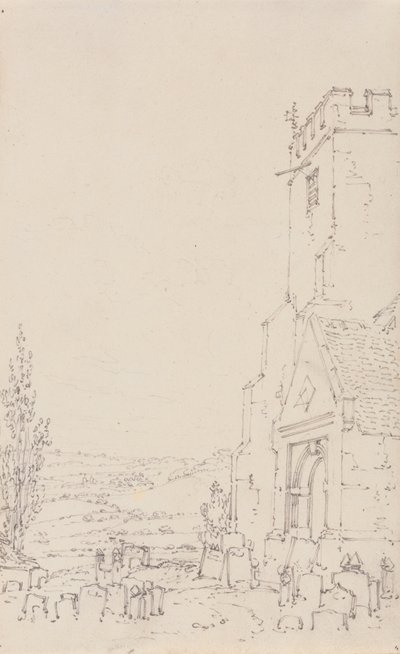 Tuntemattoman kirkon eteläkuisti ja torni, n. 1790-1795 (kynä paperille) tekijältä Joseph Mallord William Turner