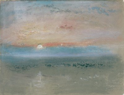 Auringonlasku, n. 1830 (wc ja guassi harmaalla paperilla) tekijältä Joseph Mallord William Turner