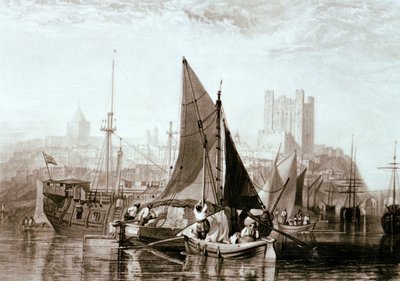 Thamesin proomu kuljettaa heinää, vankilan runkoa ja muuta laivaliikennettä Rochesterissa, Medway-joella. tekijältä Joseph Mallord William Turner