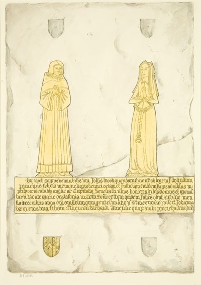 John Brooken ja hänen vaimonsa messinki St Mary Redcliffessä (akvarelli paperille) tekijältä Joseph Manning