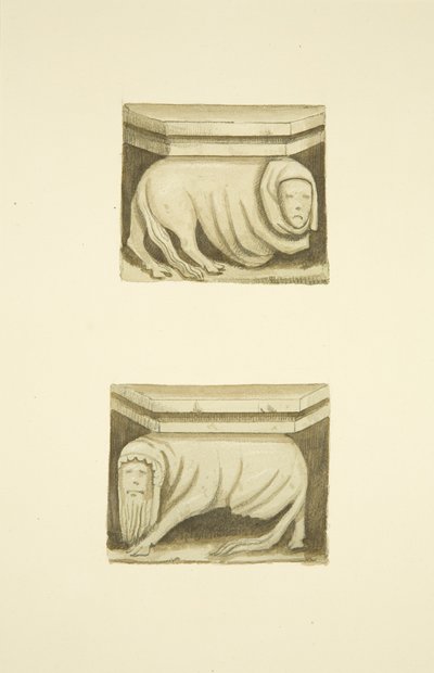 Neljä ristikkoa pohjoisessa kuistilla (alunperin tukipatsaat) St Mary Redcliffe (akvarelli paperille) tekijältä Joseph Manning