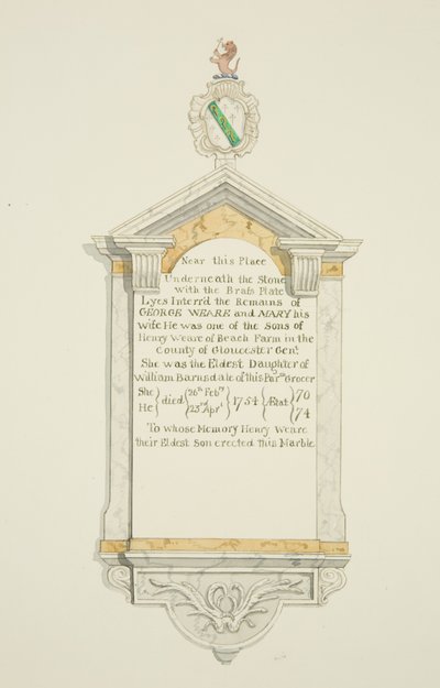 George Wearen ja hänen vaimonsa muistomerkki St Thomasin kirkossa (akvarelli paperille) tekijältä Joseph Manning