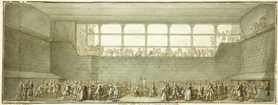 The Tennis Court Oath, n. 1789 (musta liitu, kynä ja ruskea muste harmaalla pesulla) tekijältä Joseph Marie Flouest