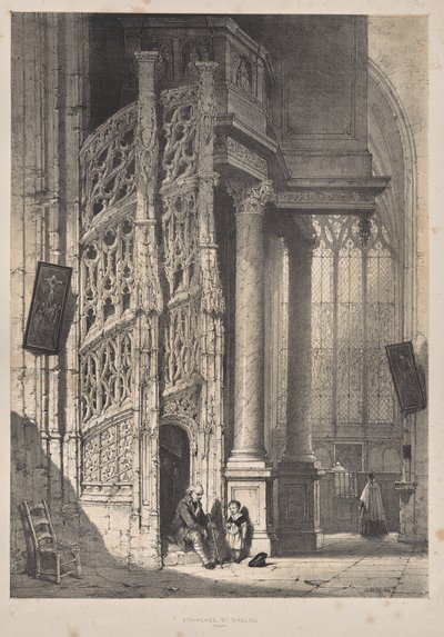 Keskiajan arkkitehtuuri: Portaikko, St. Maclou, Rouen tekijältä Joseph Nash