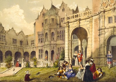 Virvokkeita nauttimassa terassin nurmikolla, Holland House, Kensington elokuvasta "Arkkitehtuuri keskiajalla", 1838 tekijältä Joseph Nash
