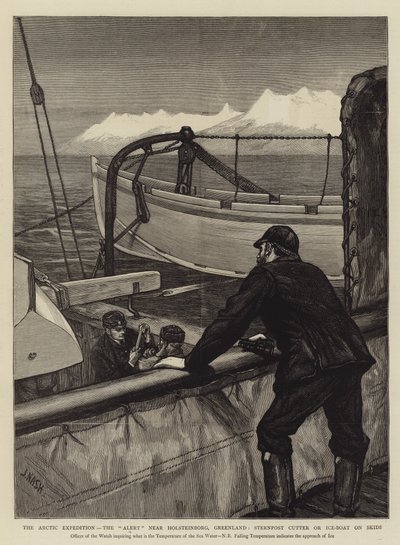 Arktinen retkikunta, varoitus lähellä Holsteinborgia, Grönlanti, Sternpost Cutter tai Ice-Boat on Skids tekijältä Joseph Nash