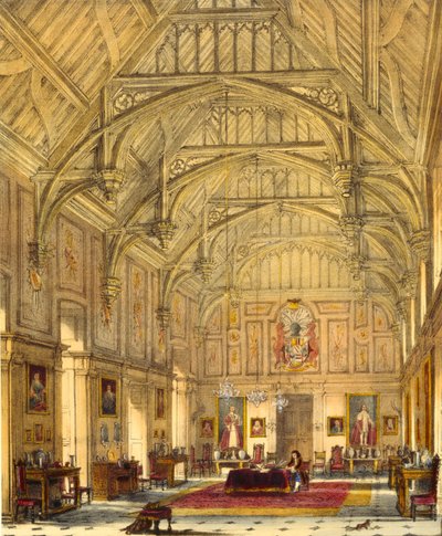 The Grand Hall, Biddington, Surrey, 1600, keskiajan arkkitehtuurista, 1838 tekijältä Joseph Nash