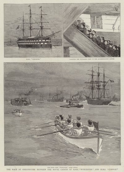 Kilpakilpailu Greenhithessä HMS Worcesterin ja HMS Conwayn merivoimien kadettien välillä tekijältä Joseph Nash