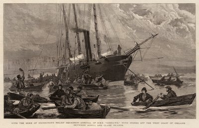 Edinburghin herttuan avustuslentueen kanssa, HMS Goshawkin saapuminen myymälöineen Irlannin länsirannikolla Achill- ja Claresaarten välissä tekijältä Joseph Nash