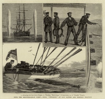 Välimeren laivaston, H M S Monarchin Gun Cottonin ja Torpedo-harjoituksen kanssa tekijältä Joseph Nash