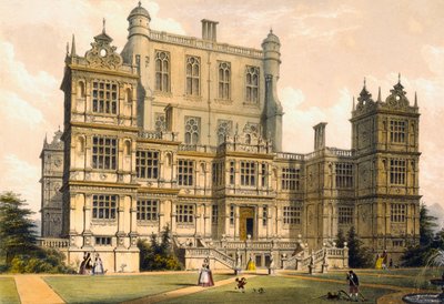 Wollaton Hall, Nottinghamshire, 1600, kuvitus teoksesta "Architecture of the Middle Ages", 1838. tekijältä Joseph Nash