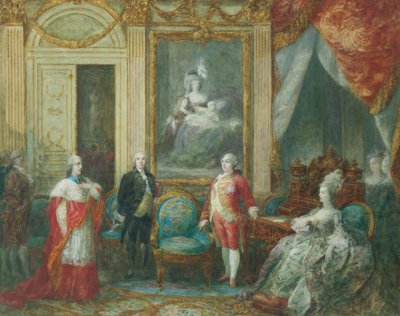 Louis XVI ja hänen vaimonsa Marie Antoinette vastaanottavat kardinaalin tekijältä Joseph Navlet