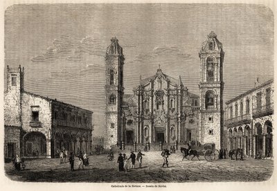 Havannan katedraali, Kuuba, Navletin piirustus kuvaamaan matkaa Kuuban saarelle vuonna 1859, kirjoittaja Richard Dana (1815-1882). Kaiverrus "" Le tour du monde, nouveau journal des voyages"" Paris tekijältä Joseph Navlet