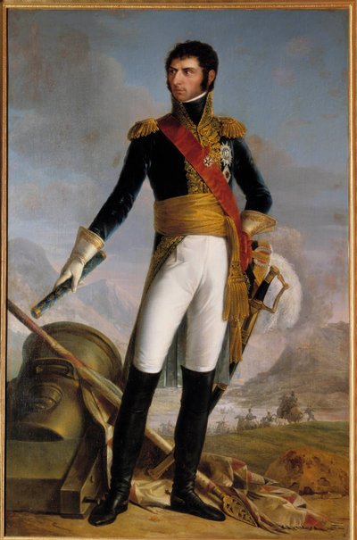 Täyspitkä muotokuva Jean Baptiste Jules Bernadottesta (1763-1844) Ponte Corvon prinssistä, sitten Charles Jean XIV:stä, Ruotsin kuninkaan 1818, edustettuna vuonna 1804 Joseph Nicolas Jouyn (1809-1880) maalaus 1852. Koko 2,1x1,4 Herra. tekijältä Joseph Nicolas Jouy