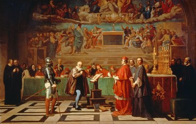 Galileo Galilei (1564-1642) Vatikaanin pyhän viran jäsenten edessä vuosina 1633, 1847 tekijältä Joseph Nicolas Robert Fleury