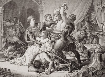 Roger de Mortimerin (1287-1330) takavarikointi Nottinghamin linnassa. tekijältä Joseph Noel (after) Paton