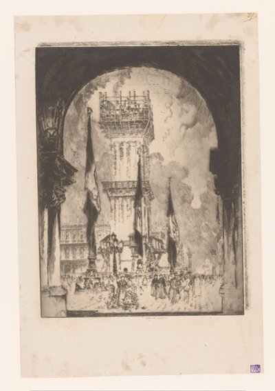 Venetsian Campanile rakenteilla Campanilen uudelleenrakentaminen, nro. minä tekijältä Joseph Pennell (signed by artist)