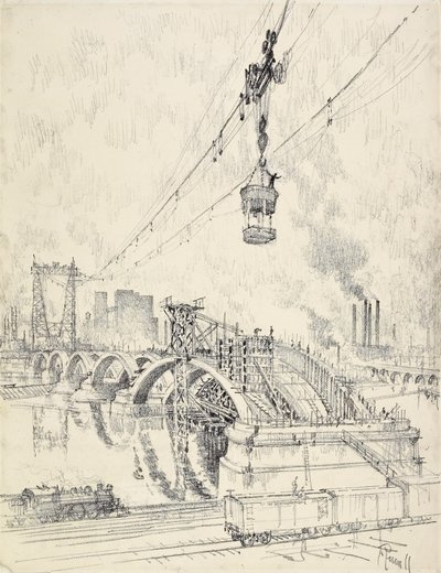 Sillan rakentaminen, Minneapolis, 1915 tekijältä Joseph Pennell