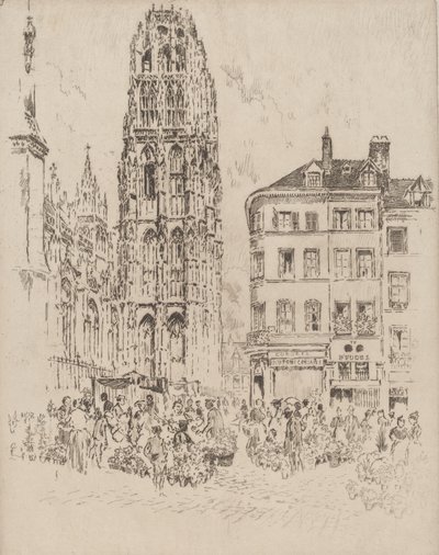 Kukkatori ja voitorni, Rouen, 1907. tekijältä Joseph Pennell