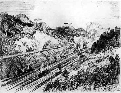 In the Cut at Las Cascades, levy XII Panaman kanavasta, kirjoittanut Joseph Pennell, 1912 (hiili paperilla) tekijältä Joseph Pennell