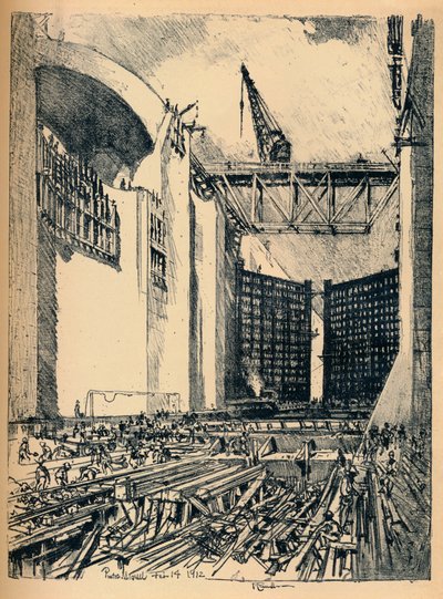 Pedro Miguel Lockin lattian laskeminen, 1912 tekijältä Joseph Pennell