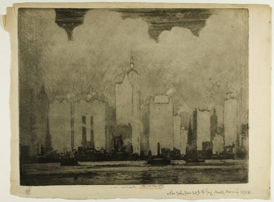 N.Y. 23rd St. Ferry-In the Mist of a Morning (N.Y. 23rd St. Ferry - aamun sumussa) tekijältä Joseph Pennell