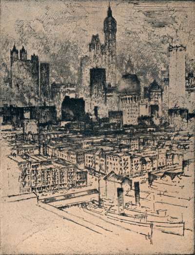 New York Brooklyn Bridgeltä, vuodelta 1908 tekijältä Joseph Pennell
