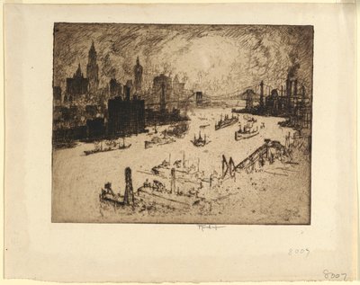 Auringonlasku Williamsburgin sillalta tekijältä Joseph Pennell