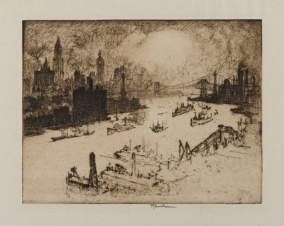 Auringonlasku Williamsburg Bridgeltä, 1915 tekijältä Joseph Pennell