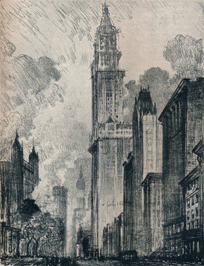 Broadway ja Woolworth Building, New York, 1912 tekijältä Joseph Pennell