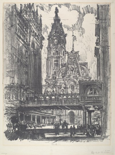 Kaupungintalo ja silta Market Streetin yli, 1912. tekijältä Joseph Pennell