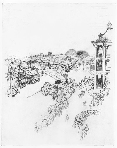 Panaman kaupunki Anconin Tivoli-hotellista, Joseph Pennellin teoksesta Panama Canal, 1912 (hiili paperilla) tekijältä Joseph Pennell
