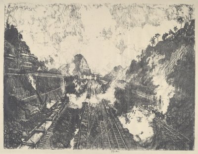 Leikkaus Ancon Hilliin päin tekijältä Joseph Pennell