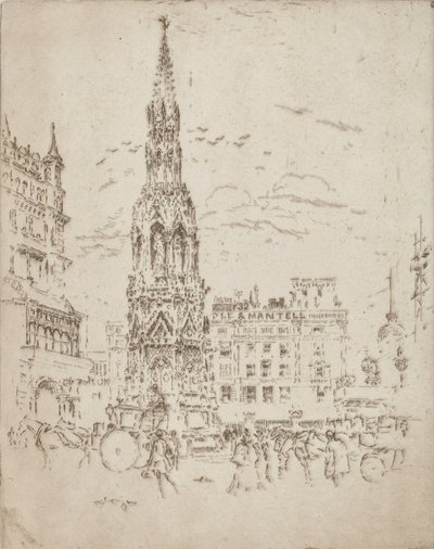 Elinor Cross, Charing Crossin rautatieaseman edessä, 1906. tekijältä Joseph Pennell