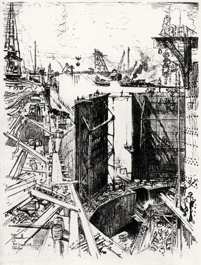 Guard Gate at Gatun, levy V Panaman kanavasta, kirjoittanut Joseph Pennell, 1912 (hiili paperilla) tekijältä Joseph Pennell
