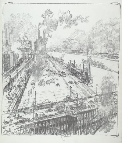 The Levee Eads Bridgeltä, St. Louis, 1919. tekijältä Joseph Pennell
